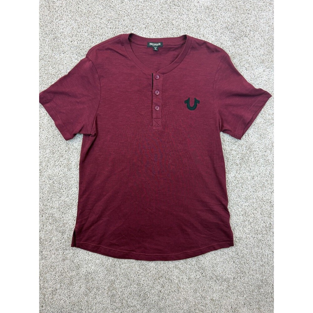 True Religion Men's S Burgundy Henley T Shirt Horseshoe Logo 100% Cotton